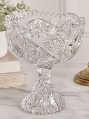 Antique Cut Glass Pedestal Compote Brilliant Style Crystal Sawtooth Rim “NUC07”
